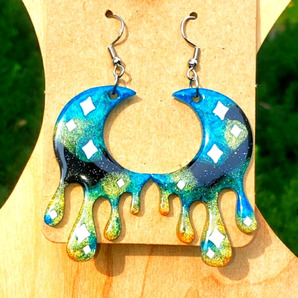 Dripping Moon Earrings/ Cresent/ Resin/ Handmade/ Stainless Steel Hooks 🌙